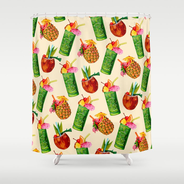 Tiki Cocktail Pattern - Cream Shower Curtain