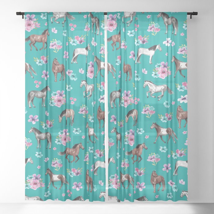 Horse Pattern Floral Print Turquoise Little Girls Room Horses Sheer Curtain By Cateandrainn