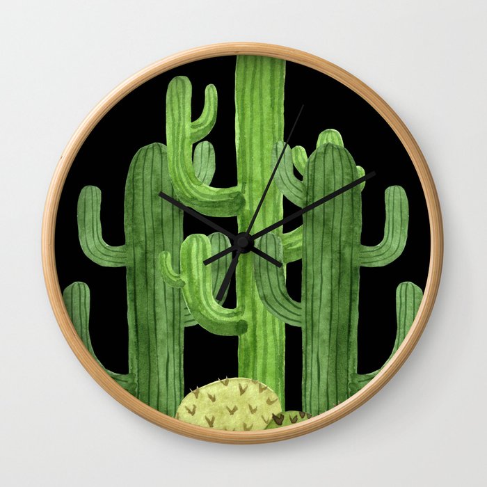 Desert Vacay Three Cacti on Black Wall Clock
