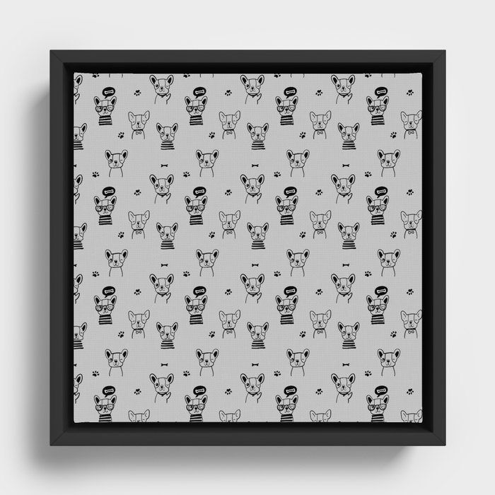 Light Grey and Black Hand Drawn Dog Puppy Pattern Framed Canvas