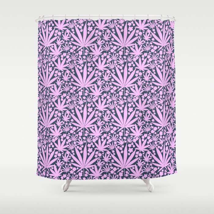 70’s Style Pastel Pink Cannabis And Flowers On Navy  Shower Curtain
