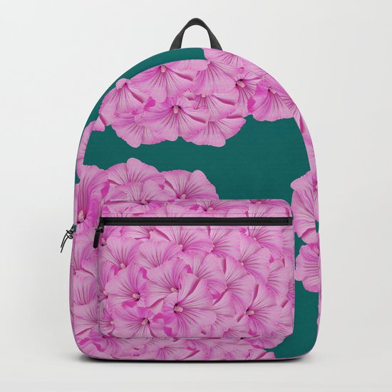Flowerpower - Pink Flower Balls On A Dark Green Background - #society6 Backpack