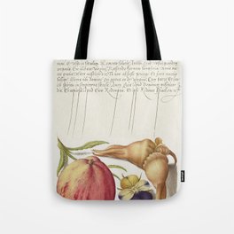 Common Apple, Wild Pansy, and Giant Filbert from The Model Book of Calligraphy (Bocksay & Hoefnagel) Tote Bag | Artwork, Plant, Flower, Design, Decorative, Antique, Art, Calligraphy, Botanical, Decoration 