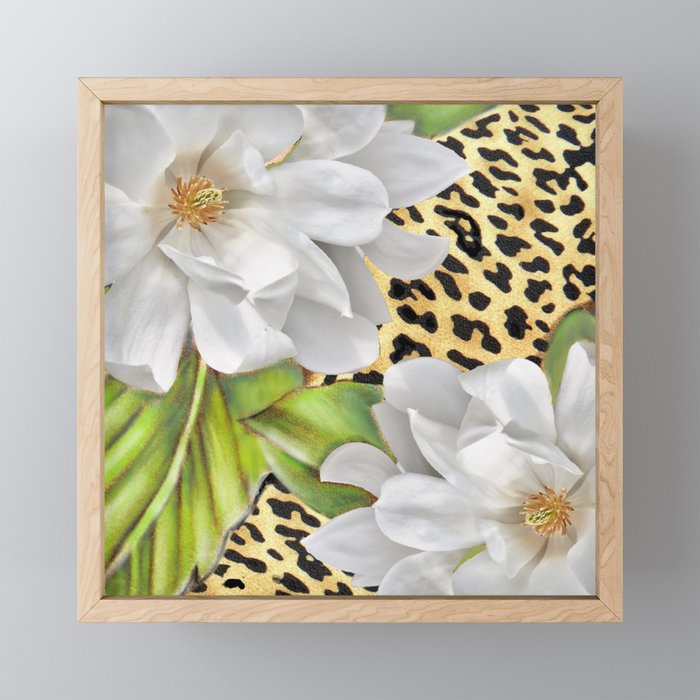 Magnolias on a Leopard Skin Pattern Framed Mini Art Print