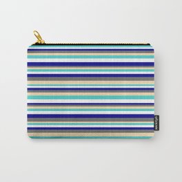 [ Thumbnail: Colorful Dim Grey, Tan, Turquoise, White, and Dark Blue Colored Lined Pattern Carry-All Pouch ]