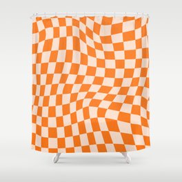 Orange checkered warped pattern, retro 80s groovy Shower Curtain