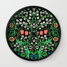 William Morris Jacobean Floral, Black Background Wall Clock | Graphicdesign, Greenfoliage, Digital, Artnouveaupattern, Jadegreen, Williammorris, Morrisblackthorn, Coralpink, Pattern, Artnouveau 