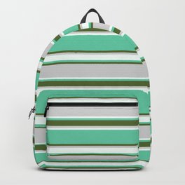 [ Thumbnail: Aquamarine, Dark Olive Green, Light Grey, and Mint Cream Colored Pattern of Stripes Backpack ]