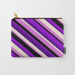 [ Thumbnail: Dark Violet, Indigo, Beige, Orchid, and Black Colored Pattern of Stripes Carry-All Pouch ]
