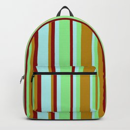 [ Thumbnail: Light Green, Dark Goldenrod, Dark Red, and Turquoise Colored Lines/Stripes Pattern Backpack ]