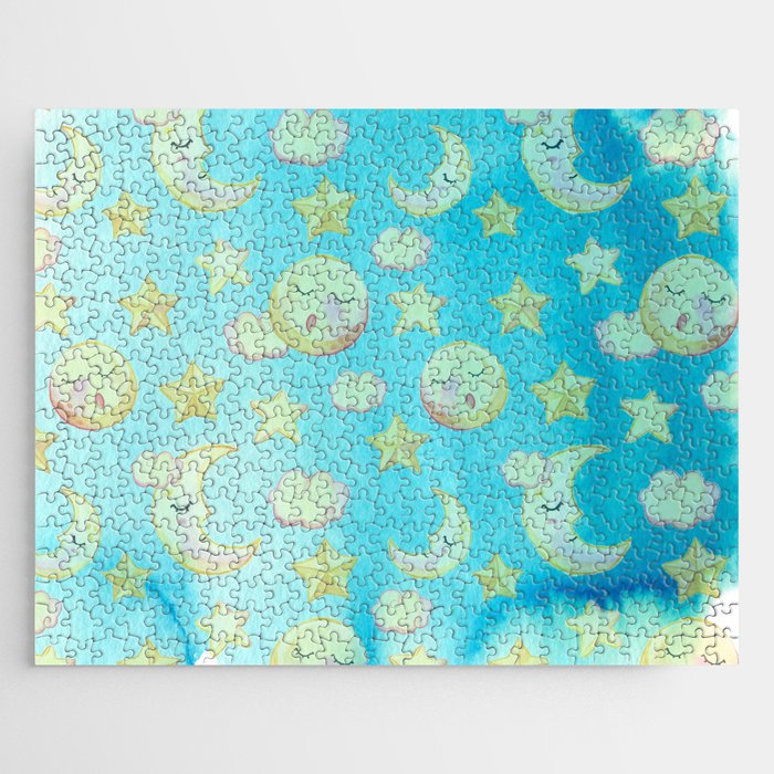 Blue yellow pink watercolor starry moon sun Jigsaw Puzzle