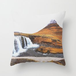 The landmark mountain with waterfall in northwest Iceland Throw Pillow