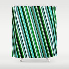 [ Thumbnail: Eyecatching Turquoise, Dim Grey, Light Cyan, Green & Black Colored Striped Pattern Shower Curtain ]