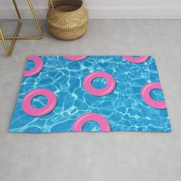 Pink Rubber Rings on Swimming Pool Water Rug | Pop Art, Swimming Pool, Graphicdesign, Float, Summertime, Blue, Lifebelt, Miami, Poolside, Waves 