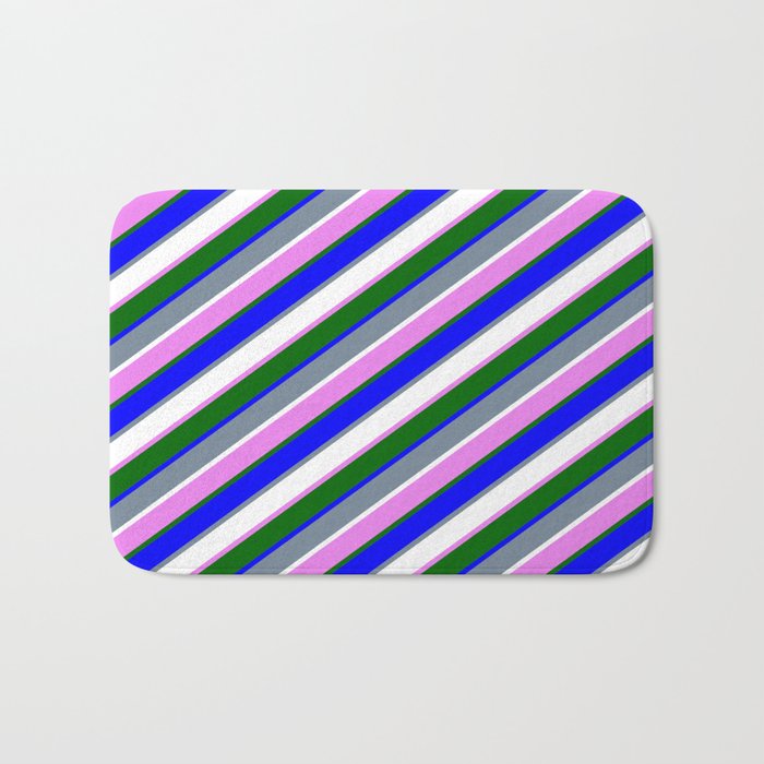 Light Slate Gray, White, Violet, Dark Green & Blue Colored Stripes Pattern Bath Mat