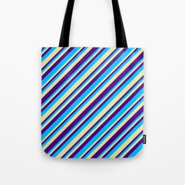 [ Thumbnail: Pale Goldenrod, Indigo & Deep Sky Blue Colored Stripes/Lines Pattern Tote Bag ]