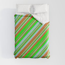 [ Thumbnail: Chocolate, Lime & Light Blue Colored Lined/Striped Pattern Duvet Cover ]