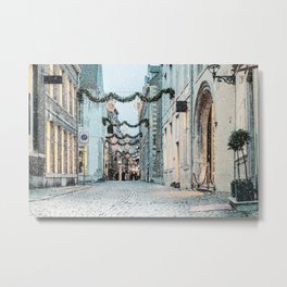 Shopping street with christmas lights and snowfall in the Dutch city center of Maastricht the Netherlands Metal Print