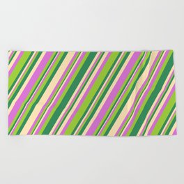 [ Thumbnail: Orchid, Green, Sea Green, and Beige Colored Stripes Pattern Beach Towel ]