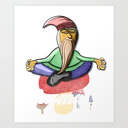 Yoga Meditating Lawn Gnome Namaste Funny Pun Gnomaste print Art Print | Drawing, Mushroom, Distressed, Lawn, Meditation, Gnome, Illustration, Vintage, Graphic, Gnomaste 