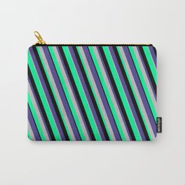 [ Thumbnail: Dark Slate Blue, Grey, Green, and Black Colored Lines/Stripes Pattern Carry-All Pouch ]