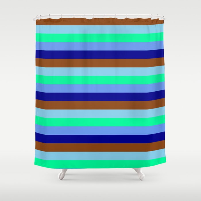Eyecatching Sky Blue, Green, Cornflower Blue, Dark Blue & Brown Colored Stripes/Lines Pattern Shower Curtain