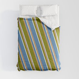 [ Thumbnail: Light Salmon, Green, White, and Blue Colored Striped Pattern Comforter ]