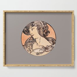 Art Nouveau Portrait of Woman II by Alphonse Mucha (Dark Greige Background) Serving Tray