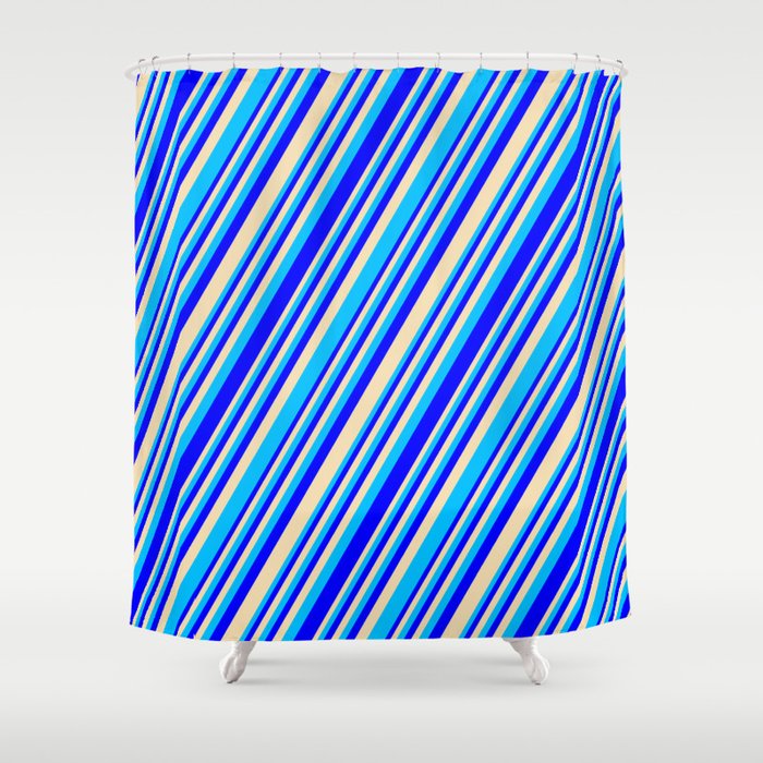 Blue, Tan, and Deep Sky Blue Colored Lined/Striped Pattern Shower Curtain