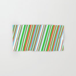 [ Thumbnail: Red, Sky Blue, Mint Cream, and Lime Green Colored Pattern of Stripes Hand & Bath Towel ]