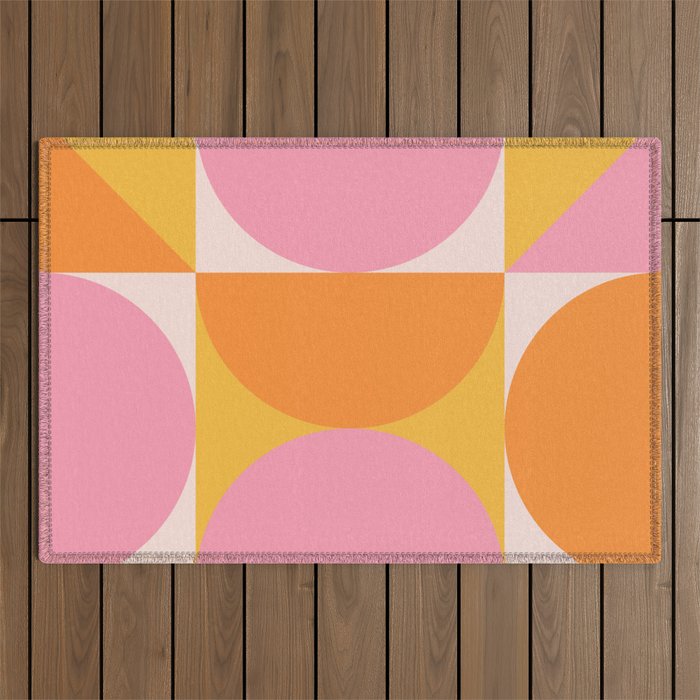 Mid Century Modern Scandinavian Geometric Abstract 354 Pink Yellow and Orange Outdoor Rug