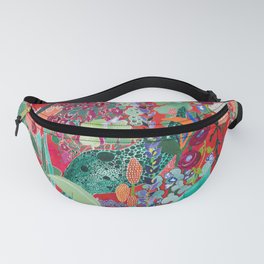 Red floral Jungle Garden Botanical featuring Proteas, Reeds, Eucalyptus, Ferns and Birds of Paradise Fanny Pack | Red, Pattern, Landscape, Blossom, Jungle, Flowers, Spring, Garden, Curated, Nature 