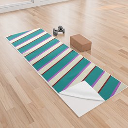 [ Thumbnail: Beige, Orchid, Dark Cyan, and Maroon Colored Striped/Lined Pattern Yoga Towel ]