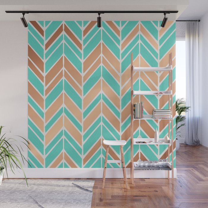 Intermittent Herringbone Rose Gold Mint Palette Wall Mural By Catcoq