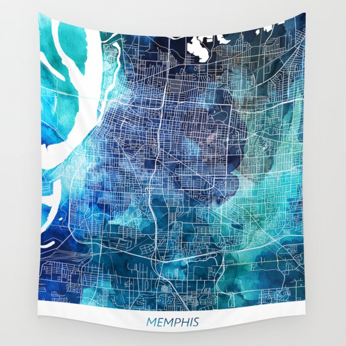 Memphis Tennessee Map Navy Blue Turquoise Watercolor USA States Map Wall Tapestry