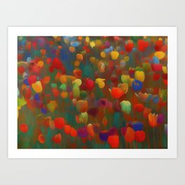 The tulips of spring, Holland parrot and multi-colored tulip fields still life landscape painting print Art Print