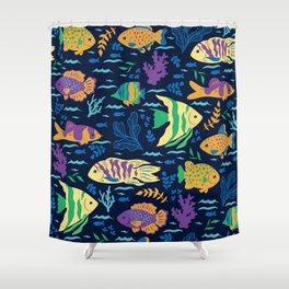 Seamless pattern with oceanic fish. vintage graphics.  Shower Curtain