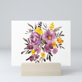Modern elegant purple yellow floral watercolor Mini Art Print