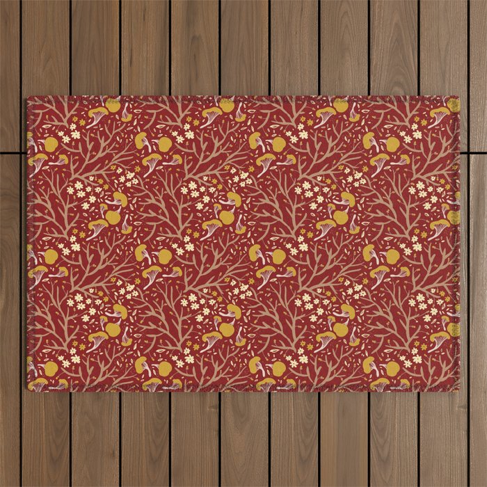 gold mushrooms on red Outdoor Rug