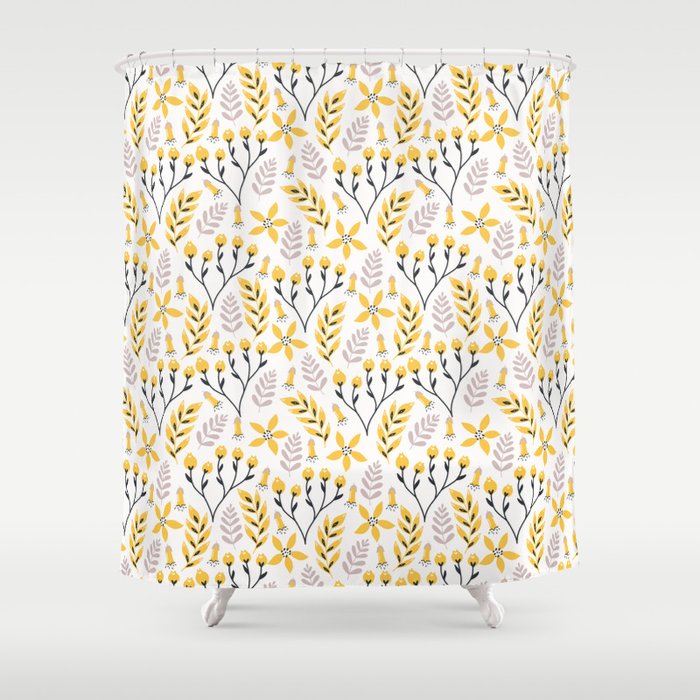 Yellow Floral on White Shower Curtain
