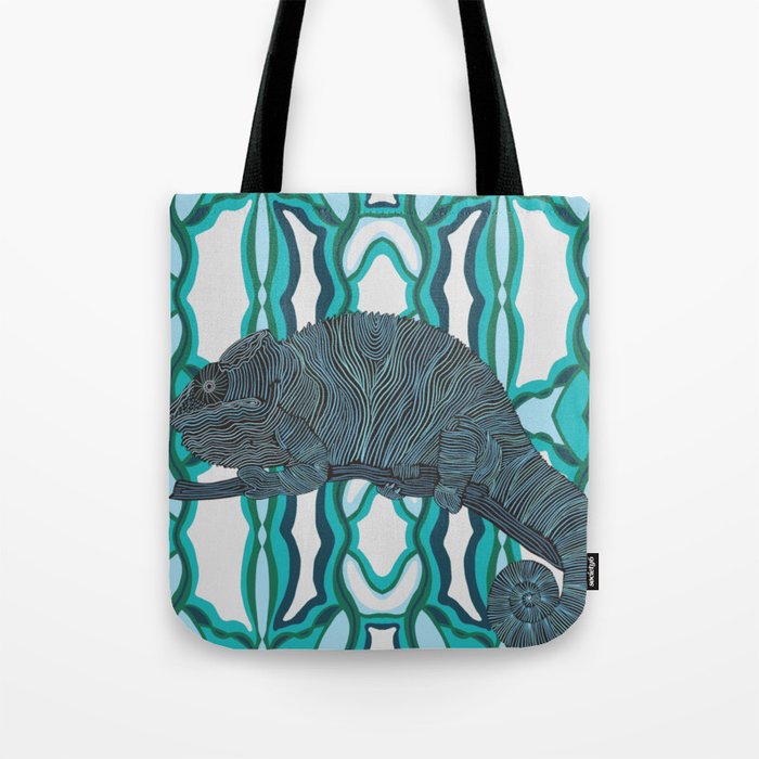 Modern chameleon sitting on a tree branch design with a patterned background Tote Bag