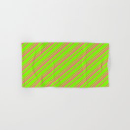 [ Thumbnail: Green and Light Coral Colored Striped Pattern Hand & Bath Towel ]