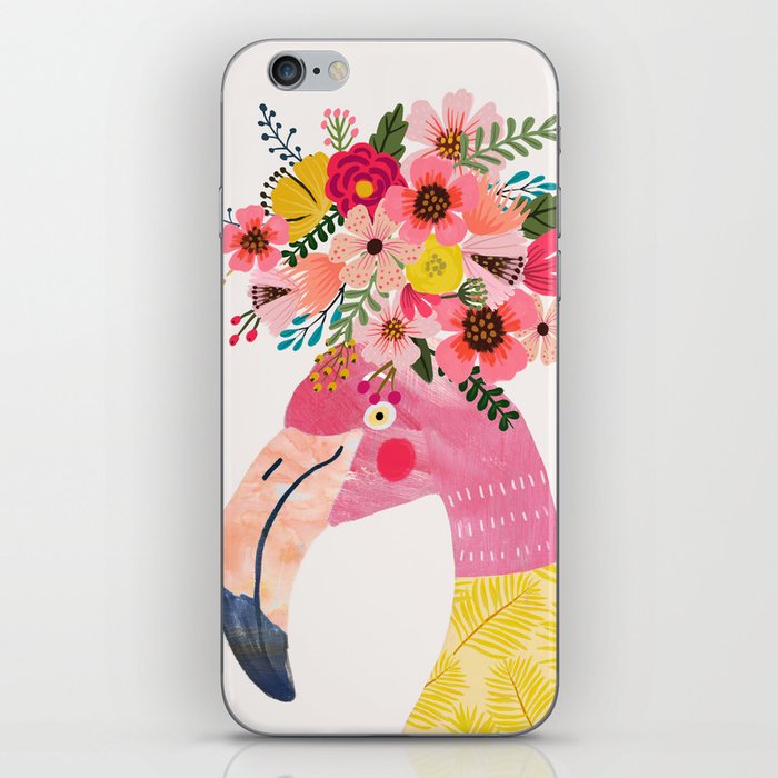 Pink flamingo with flowers on head iPhone Skin