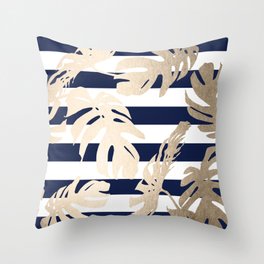 Simply Tropical Palm Leaves on Navy Stripes Throw Pillow