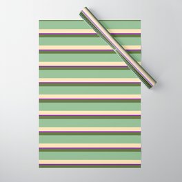 [ Thumbnail: Dark Olive Green, Dark Sea Green, Beige & Dark Violet Colored Lined/Striped Pattern Wrapping Paper ]