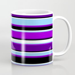 [ Thumbnail: Vibrant Light Sky Blue, Dark Violet, Indigo, Black, and Mint Cream Colored Striped Pattern Coffee Mug ]