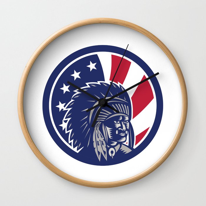 Native American Indian Chief USA Flag Icon Wall Clock