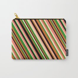 [ Thumbnail: Eye-catching Salmon, Beige, Forest Green, Chocolate, and Black Colored Lines/Stripes Pattern Carry-All Pouch ]