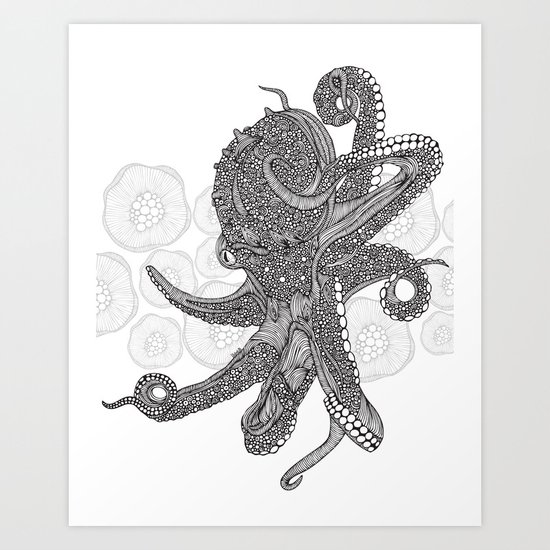Octopus Bloom black and white Art Print