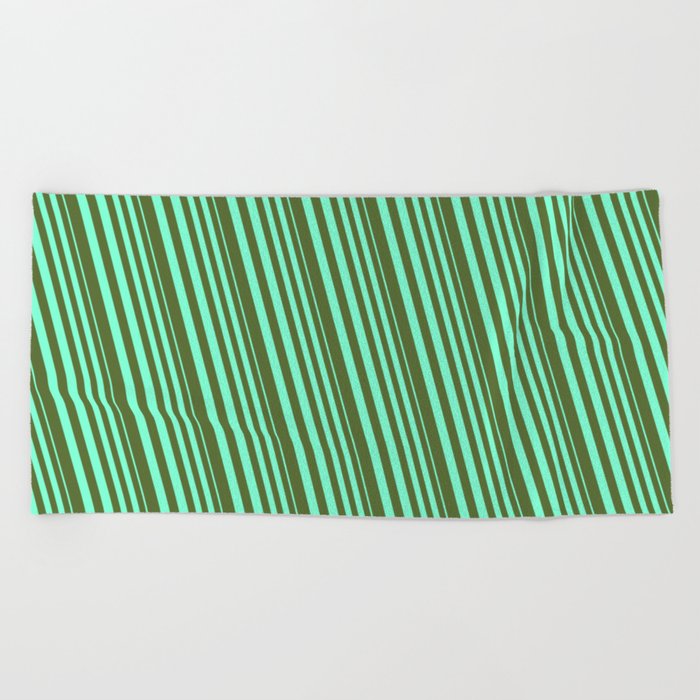 Aquamarine & Dark Olive Green Colored Lines/Stripes Pattern Beach Towel
